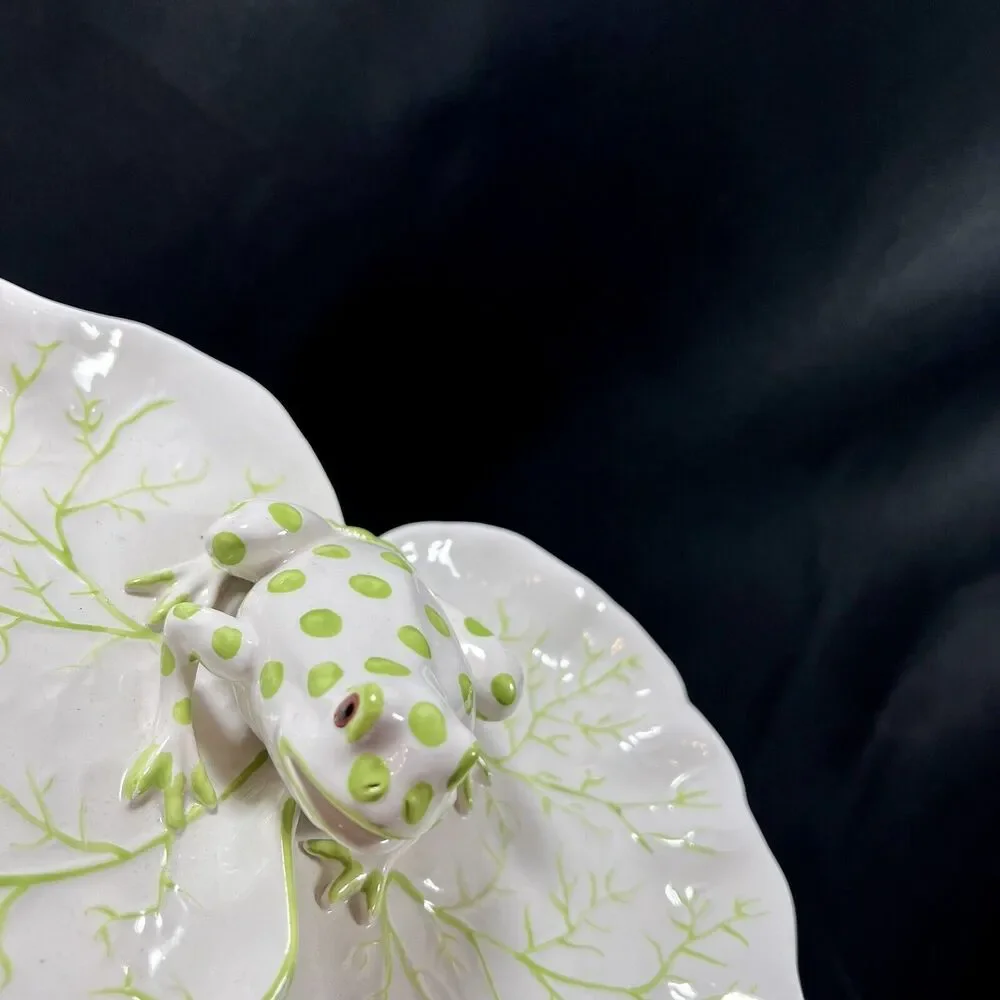 VTG Italian ceramic plate green dotted frog lily pad green white figural